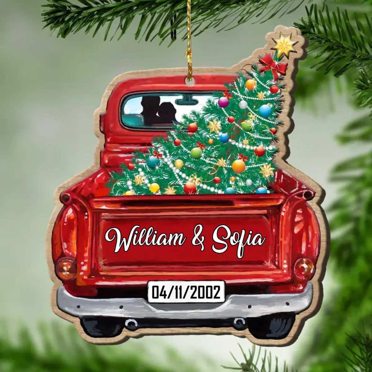 Personalized Red truck with Christmas Tree Couple Custom Names and Date Wooden Ornament ornament The Next Custom Gift