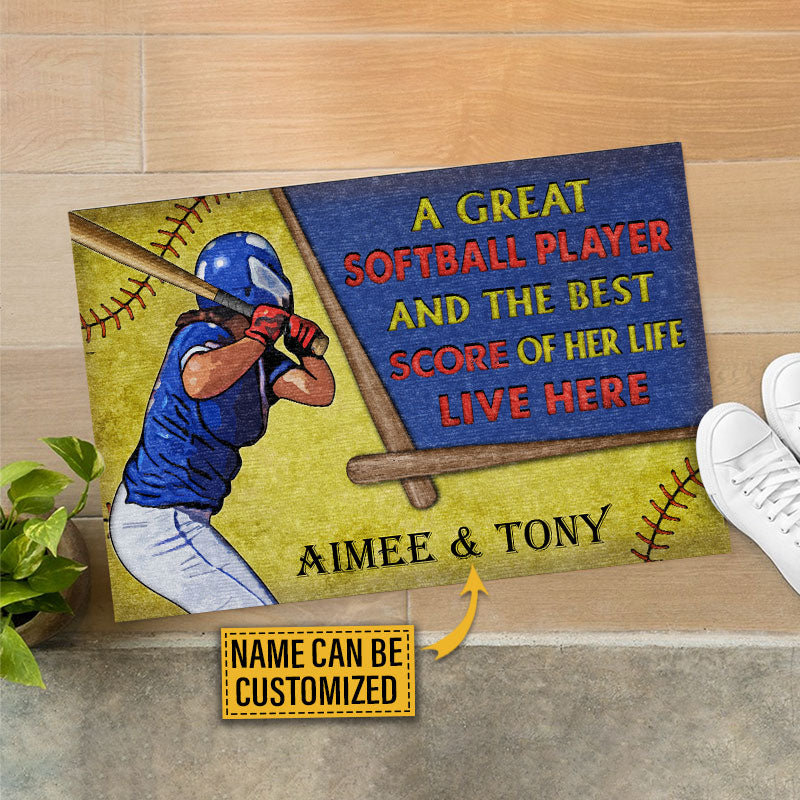 Personalized Softball Couple Live Here Custom Doormat