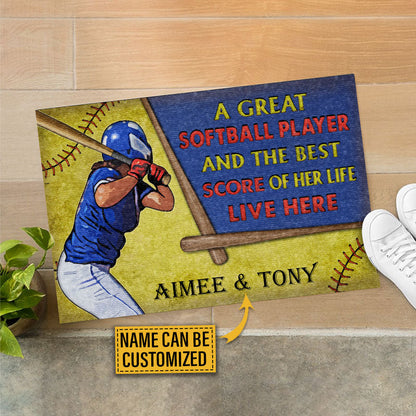 Personalized Softball Couple Live Here Custom Doormat