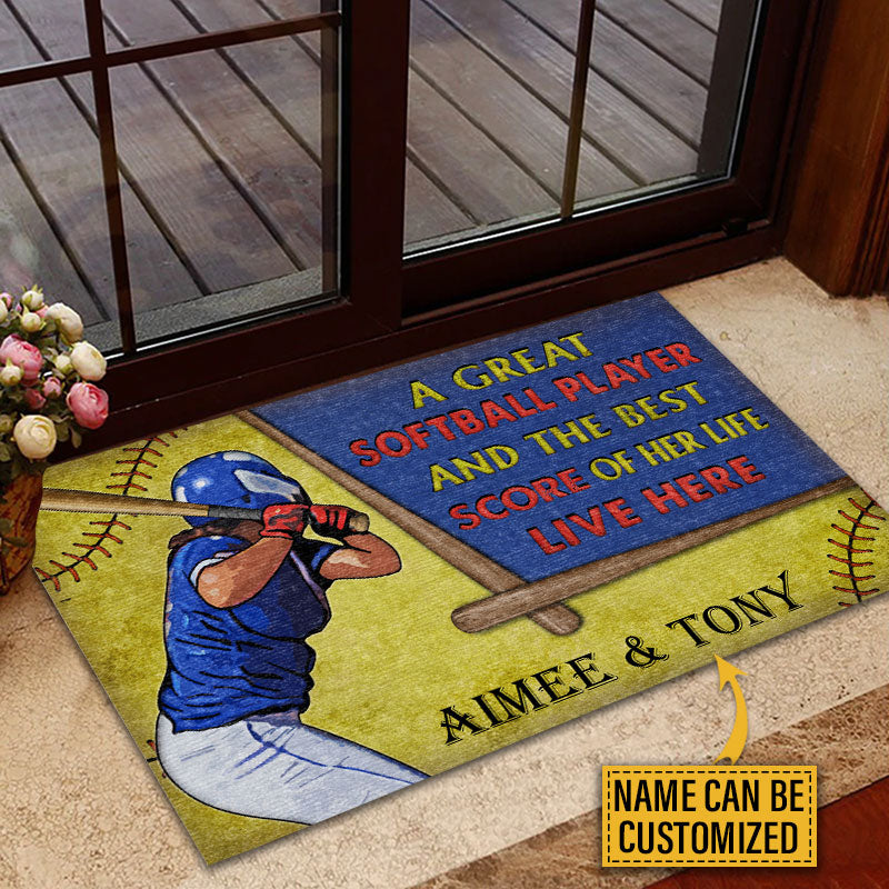 Personalized Softball Couple Live Here Custom Doormat