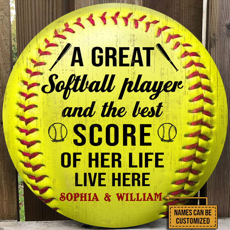 Personalized Softball Couple Live Here Customized Wood Circle Sign