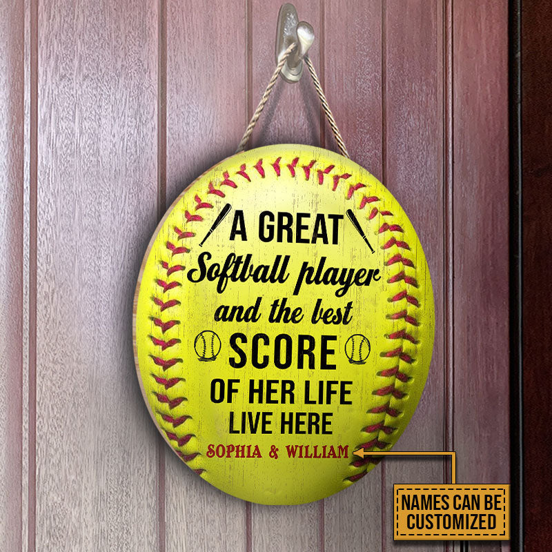 Personalized Softball Couple Live Here Customized Wood Circle Sign