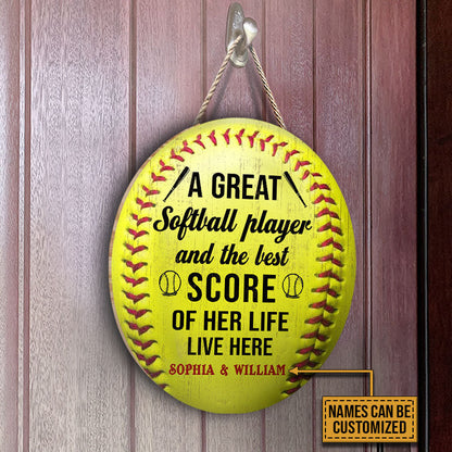 Personalized Softball Couple Live Here Customized Wood Circle Sign
