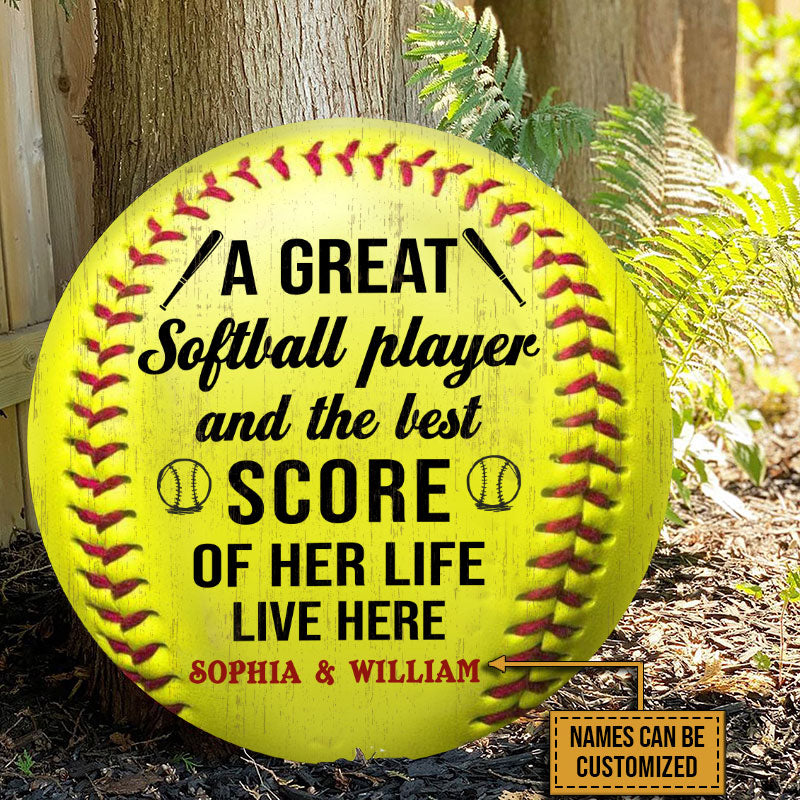Personalized Softball Couple Live Here Customized Wood Circle Sign
