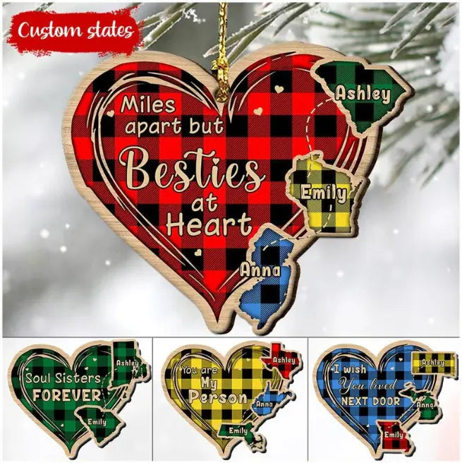 Personalized States Miles Apart But Besties At Heart Wood Custom Shape Ornament (AB) 2 Layers Wooden Plaque The Next Custom Gift