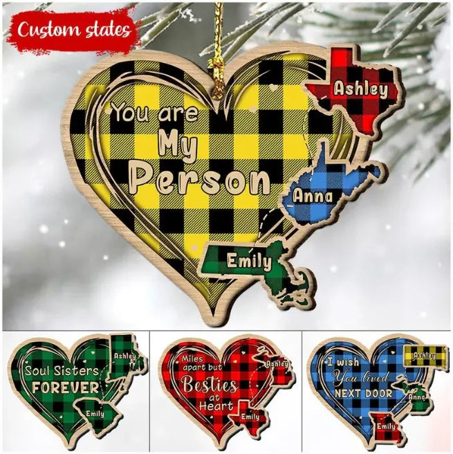 Personalized States Miles Apart But Besties At Heart Wood Custom Shape Ornament (AB) 2 Layers Wooden Plaque The Next Custom Gift