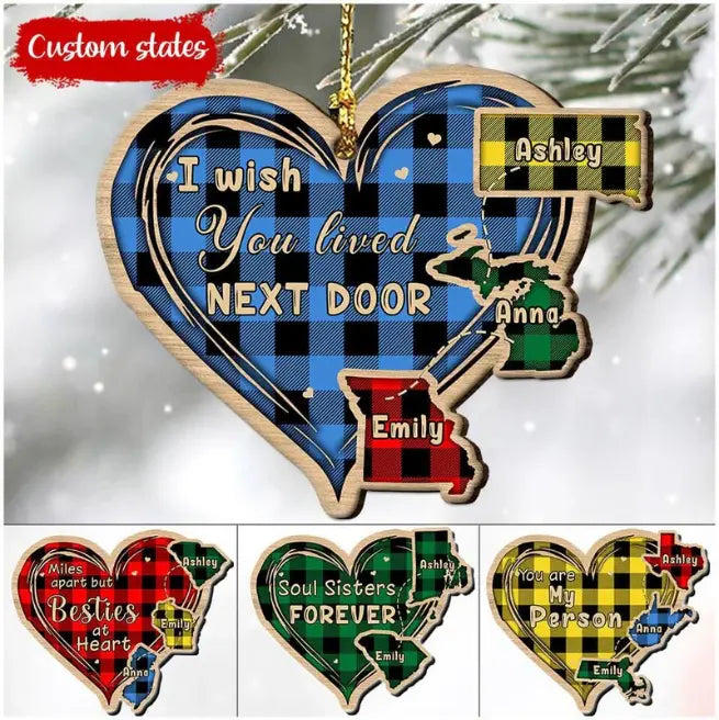 Personalized States Miles Apart But Besties At Heart Wood Custom Shape Ornament (AB) 2 Layers Wooden Plaque The Next Custom Gift