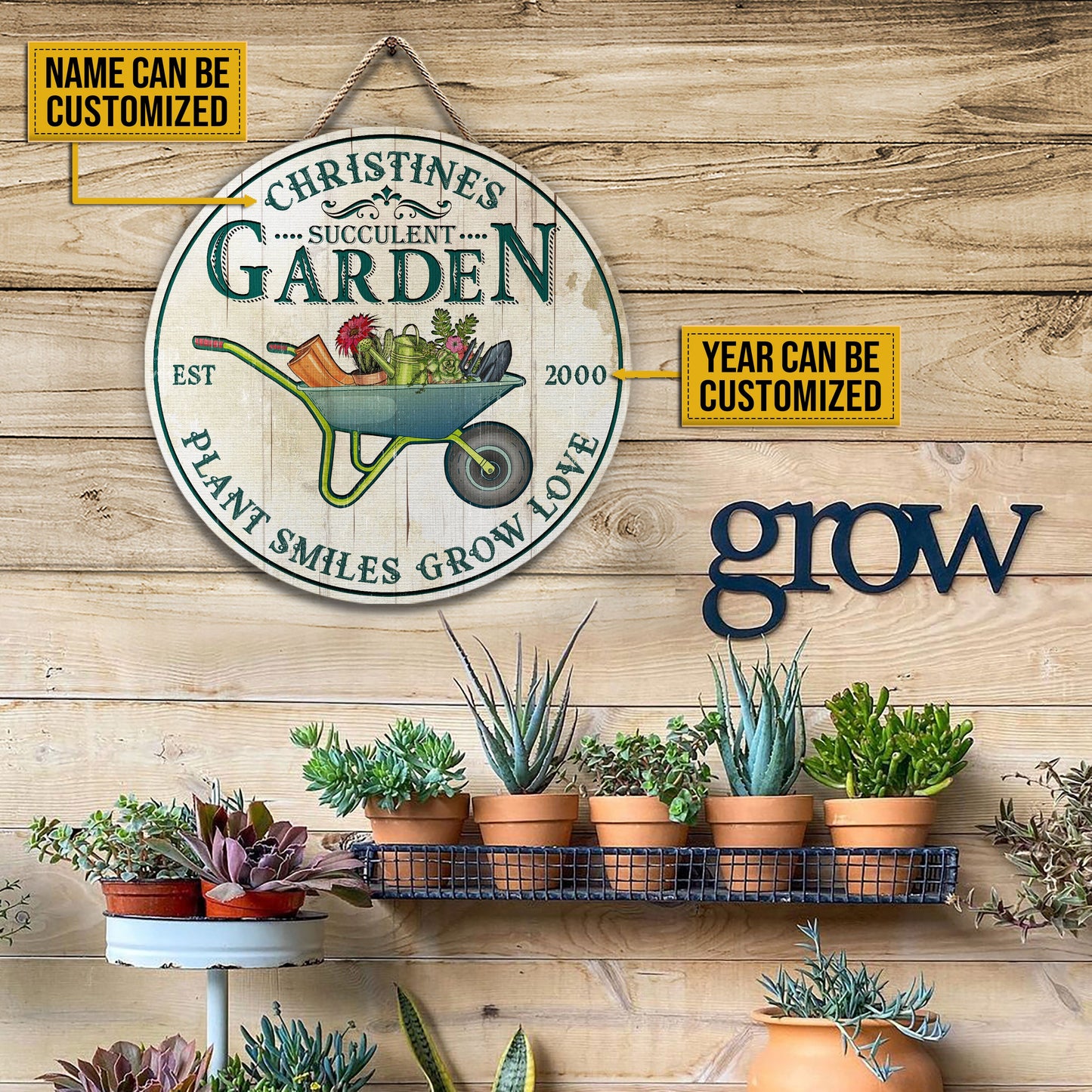 Personalized Succulent Plant Smiles Grow Customized Wood Circle Sign