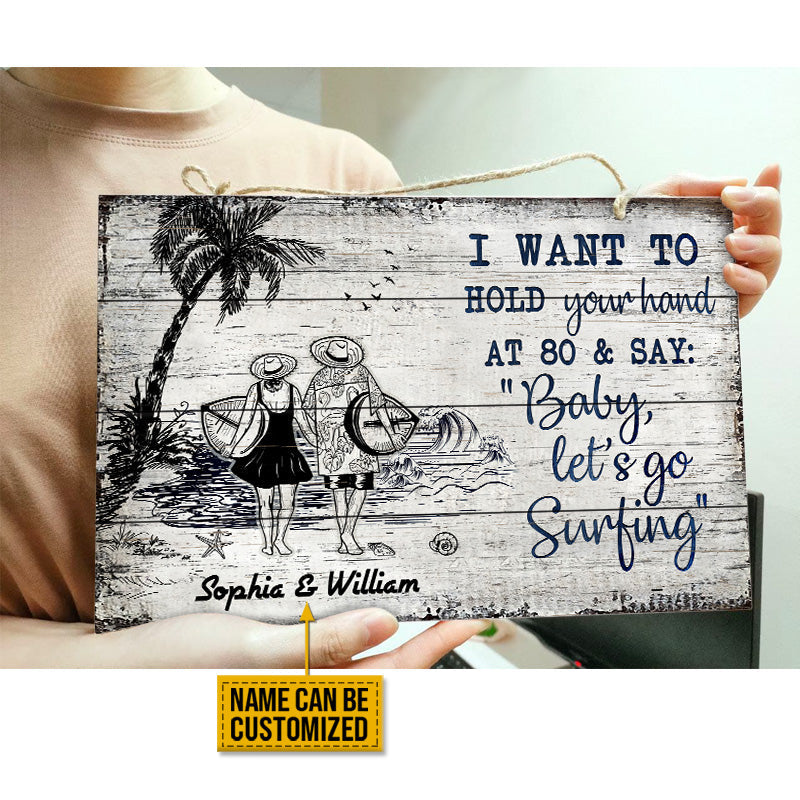 Personalized Surfing Let's Go Surfing Customized Wood Rectangle Sign