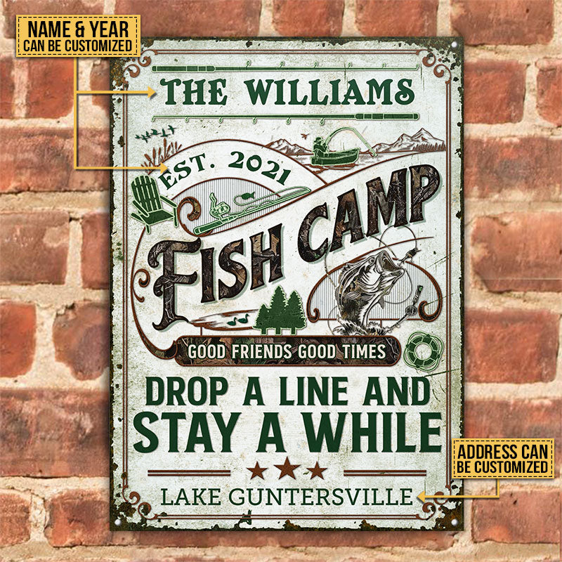 Personalized Fish Camp Camo Stay A While Custom Classic Metal Signs