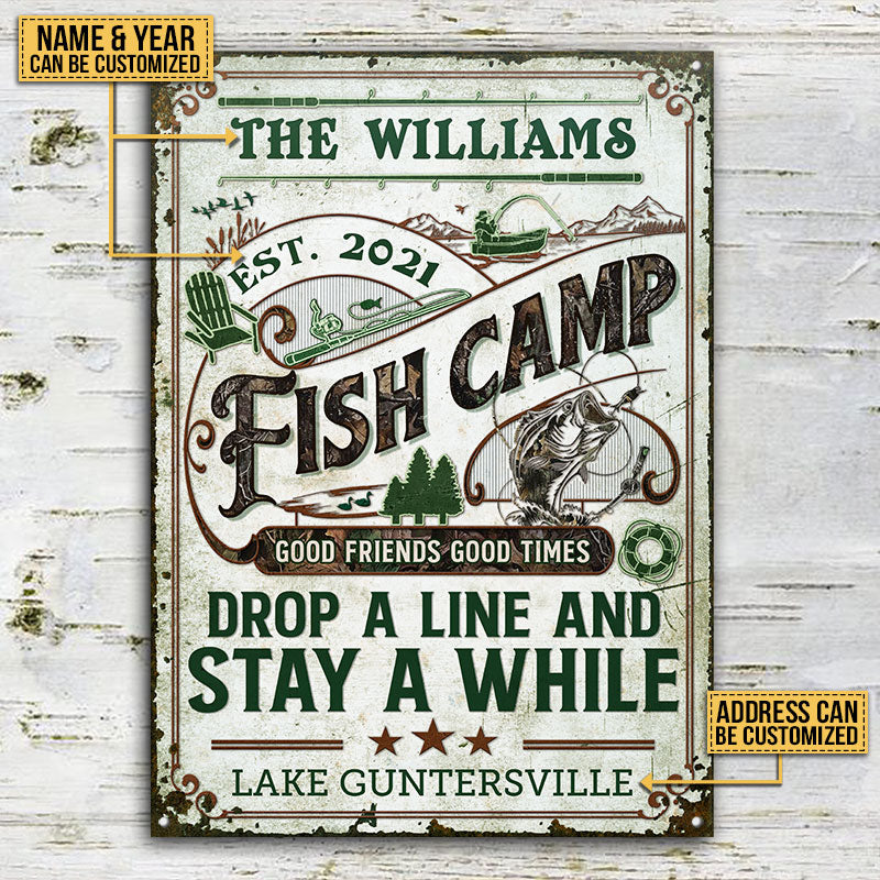 Personalized Fish Camp Camo Stay A While Custom Classic Metal Signs