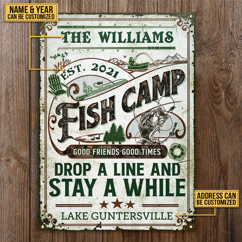 Personalized Fish Camp Camo Stay A While Custom Classic Metal Signs