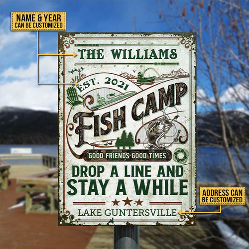 Personalized Fish Camp Camo Stay A While Custom Classic Metal Signs