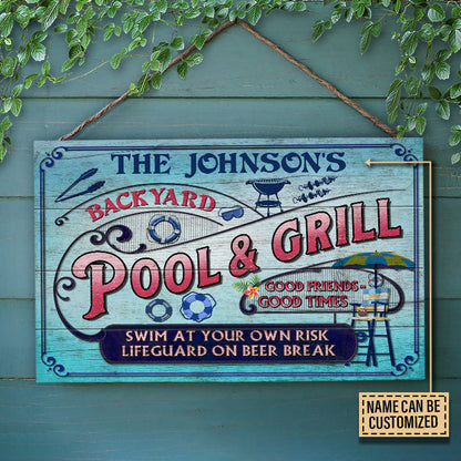 Personalized Pool Grilling Backyard At Your Own Risk Pink Blue Custom Wood Rectangle Sign