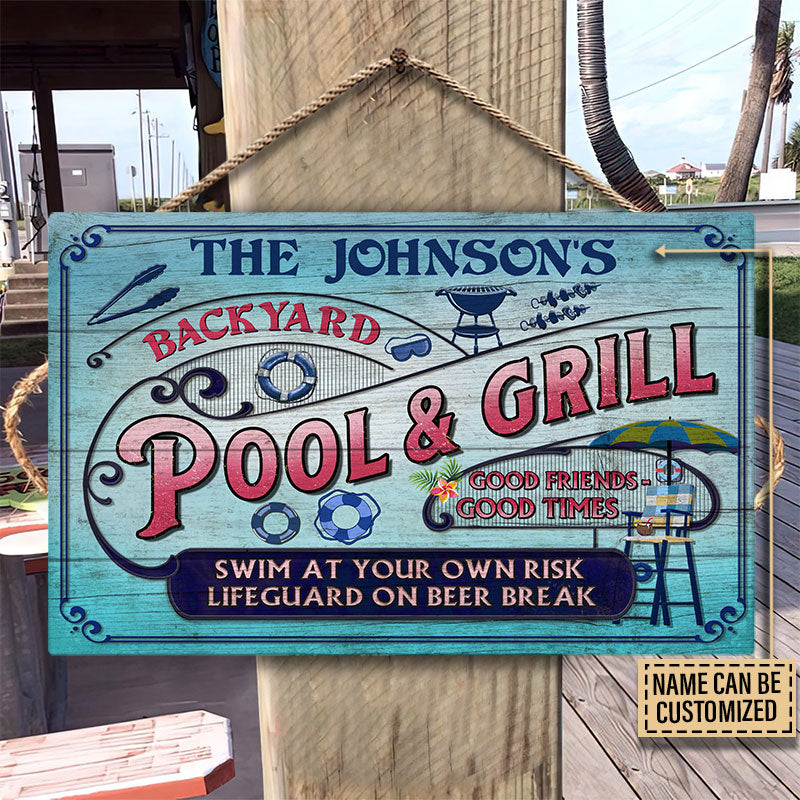 Personalized Pool Grilling Backyard At Your Own Risk Pink Blue Custom Wood Rectangle Sign
