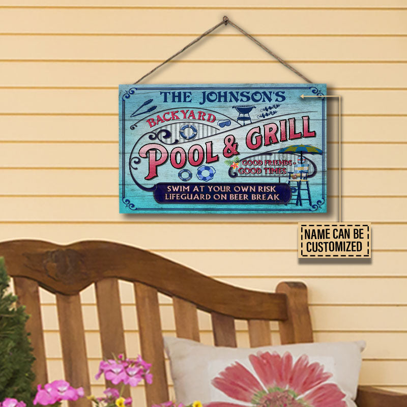 Personalized Pool Grilling Backyard At Your Own Risk Pink Blue Custom Wood Rectangle Sign