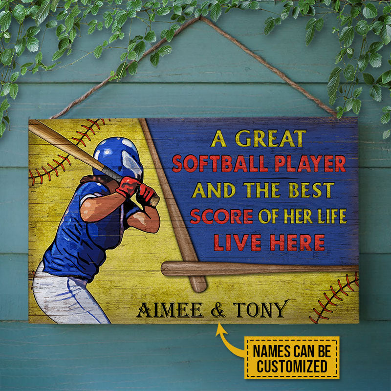 Personalized Softball Couple Live Here Custom Custom Wood Rectangle Sign