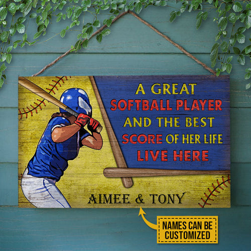 Personalized Softball Couple Live Here Custom Custom Wood Rectangle Sign