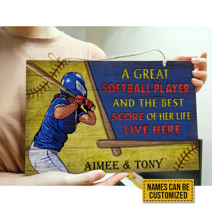 Personalized Softball Couple Live Here Custom Custom Wood Rectangle Sign