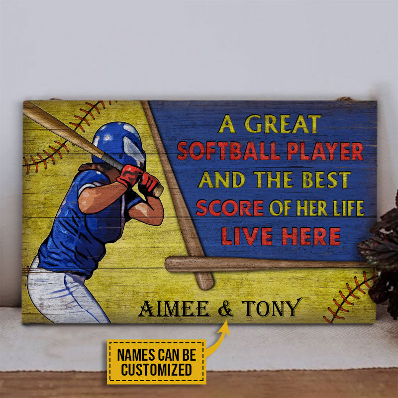 Personalized Softball Couple Live Here Custom Custom Wood Rectangle Sign
