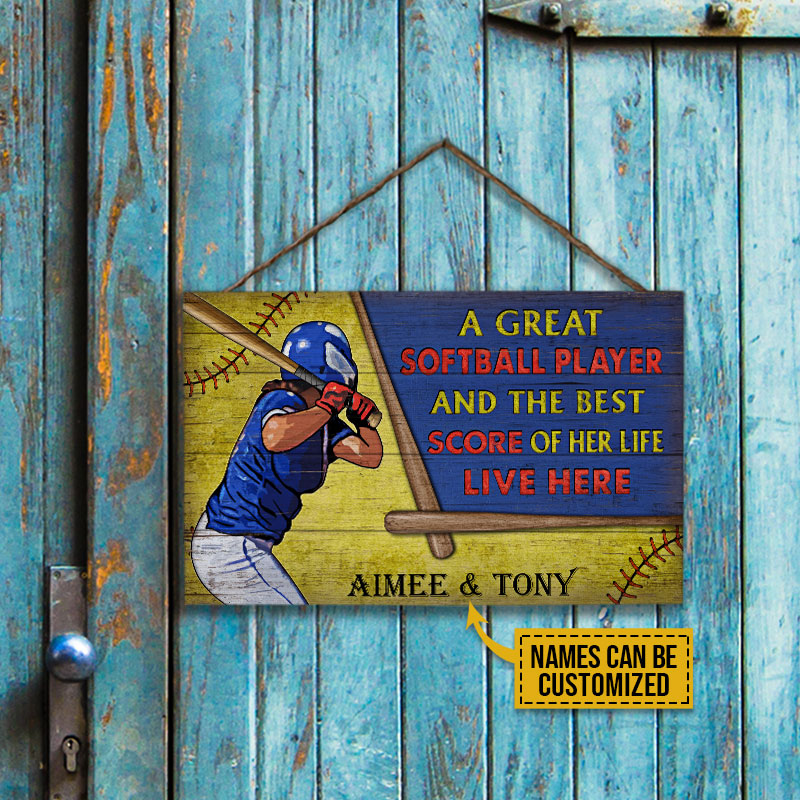 Personalized Softball Couple Live Here Custom Custom Wood Rectangle Sign