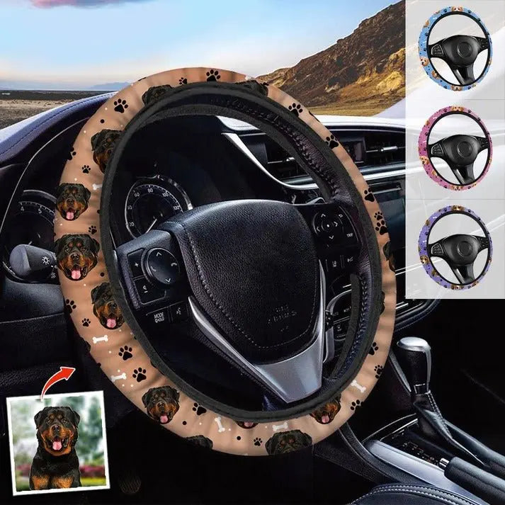 Pet Lovers - Custom Face With Paws Dog Cat - Personalized Car Steering Wheel Cover Car Steering Wheel Cover The Next Custom Gift