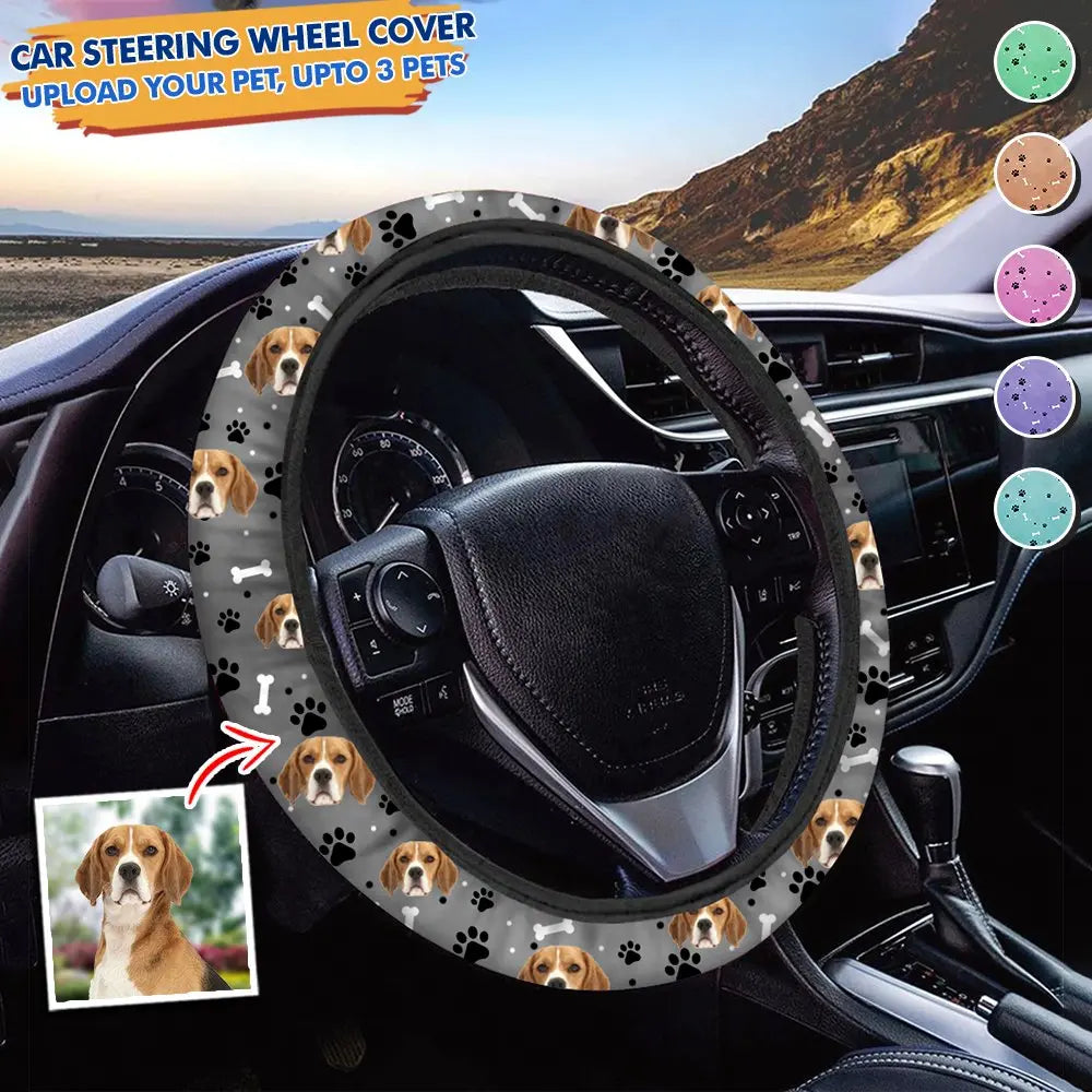 Pet Lovers - Custom Face With Paws Dog Cat - Personalized Car Steering Wheel Cover Car Steering Wheel Cover The Next Custom Gift