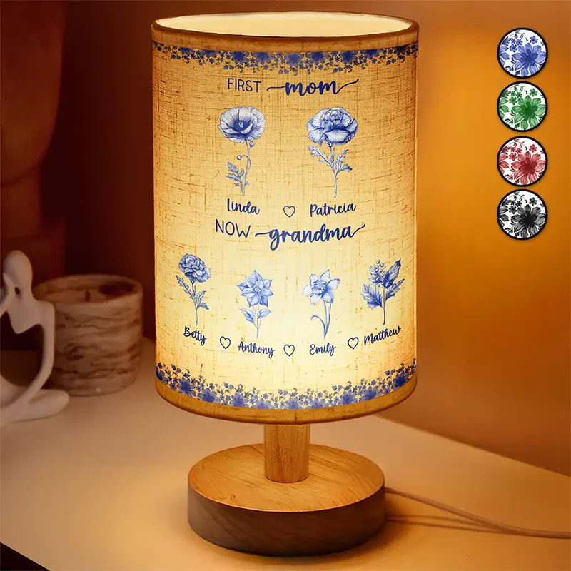 First Mom Now Grandma Toile Birth Month Flowers - Personalized Fabric Lamp