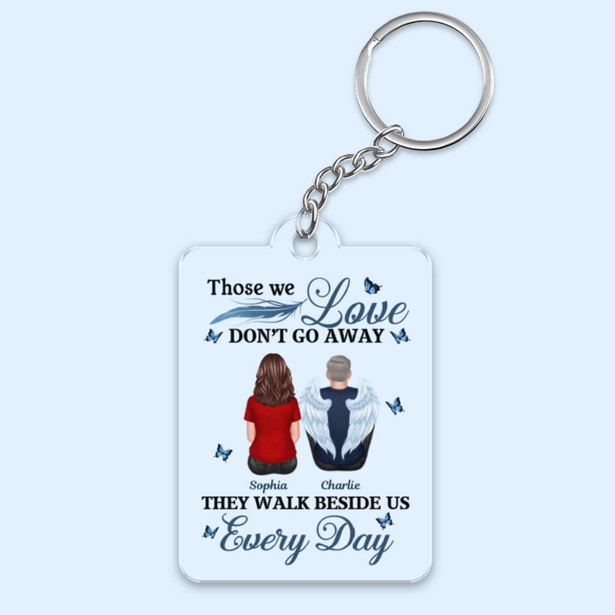 Those We Love Don‘t Go Away Blue Feather Family Memorial Remembrance Keepsake Personalized Acrylic Keychain