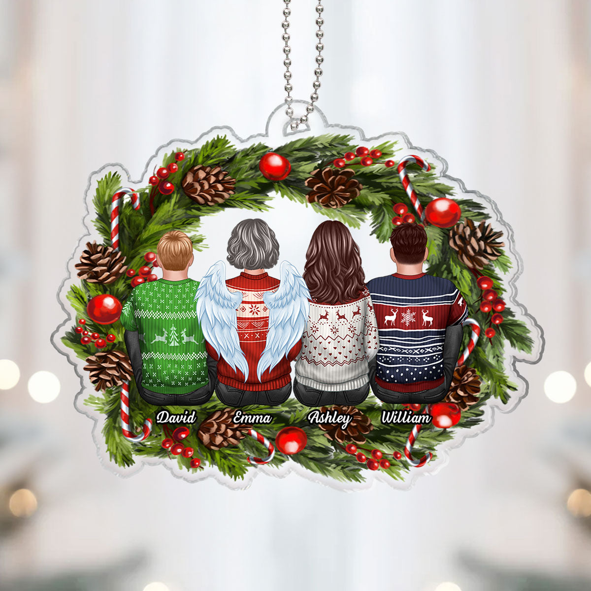 Family Sitting Back View Holly Branch Memorial Personalized Acrylic Ornament, Sympathy Gifts