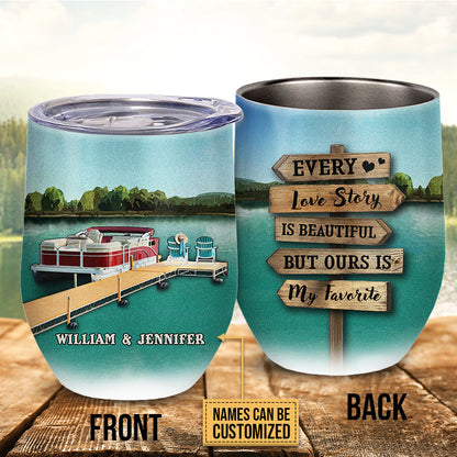 Pontoon Couple Ours Is My Favorite Custom Wine Tumbler, Pontoon Couple Gift