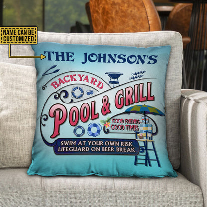Pool Grilling Backyard At Your Own Risk Pink Blue Custom Pillow