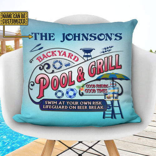 Pool Grilling Backyard At Your Own Risk Pink Blue Custom Pillow