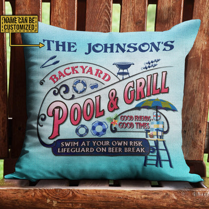 Pool Grilling Backyard At Your Own Risk Pink Blue Custom Pillow
