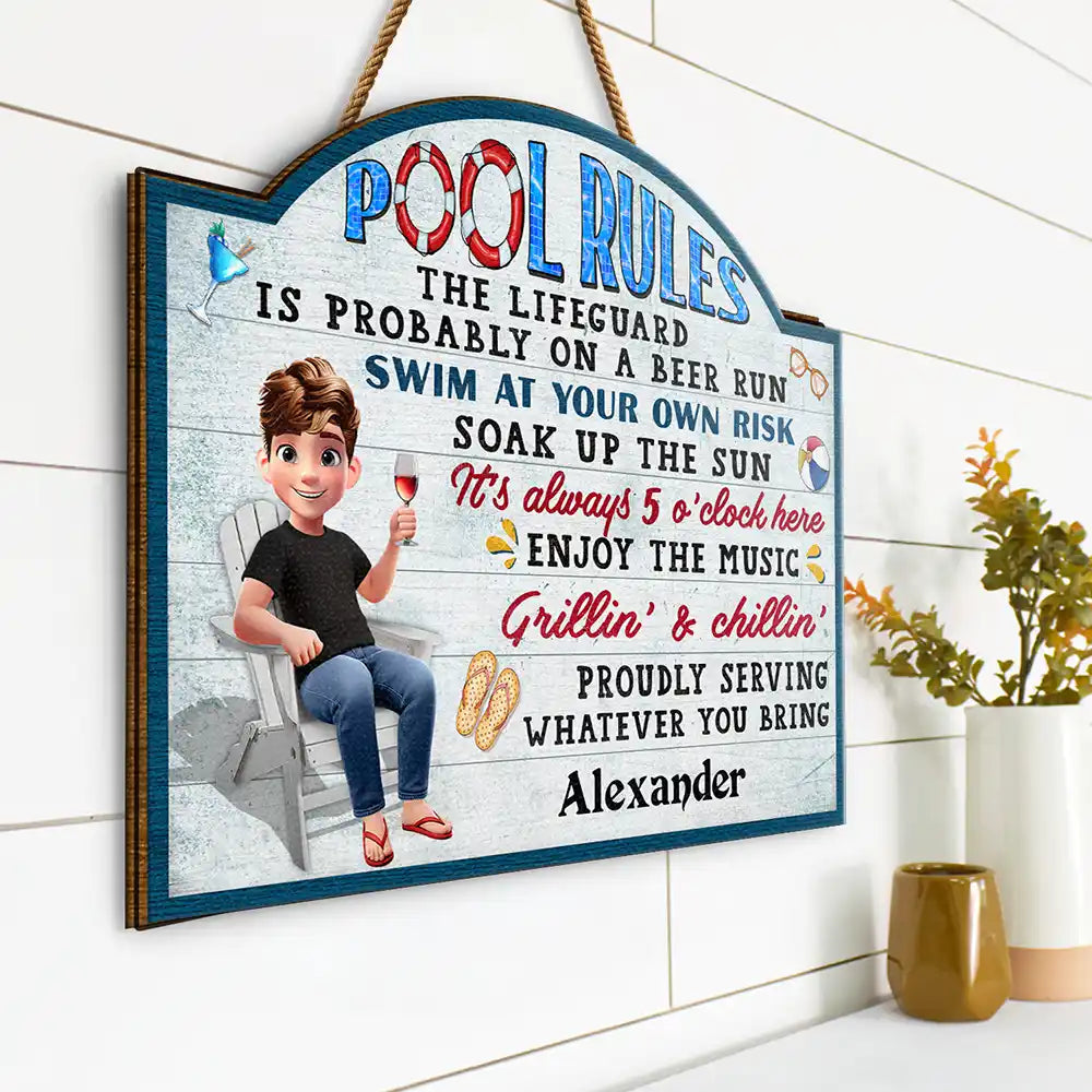 Pool Rules Swim At Your Own Risk - Personalized Custom Shaped Wood Sign