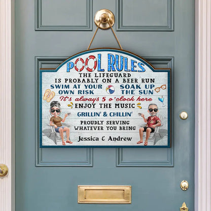 Pool Rules Swim At Your Own Risk - Personalized Custom Shaped Wood Sign