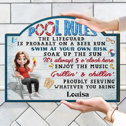 Pool Rules Swim At Your Own Risk - Personalized Custom Shaped Wood Sign
