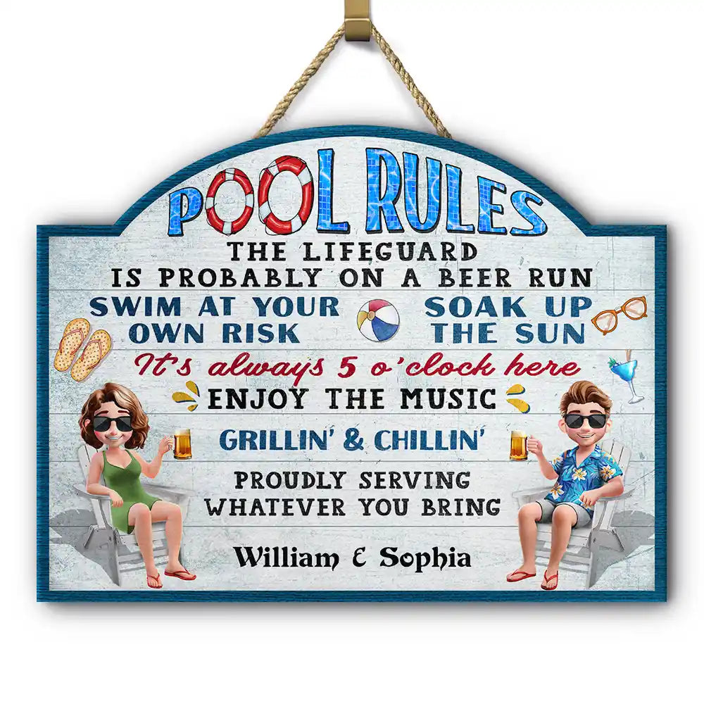 Pool Rules Swim At Your Own Risk - Personalized Custom Shaped Wood Sign