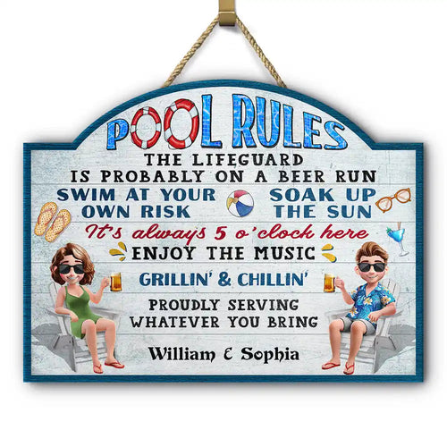 Pool Rules Swim At Your Own Risk - Personalized Custom Shaped Wood Sign