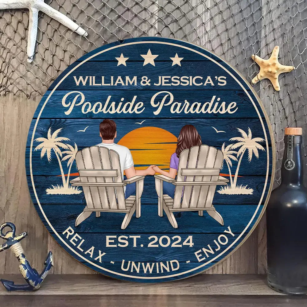 Poolside Paradise Couple Sitting Personalized Wood Sign, Summer Decor, Perfect for Bar, Pool Deck, Beach House, Backyard Walls Wood Sign The Next Custom Gift