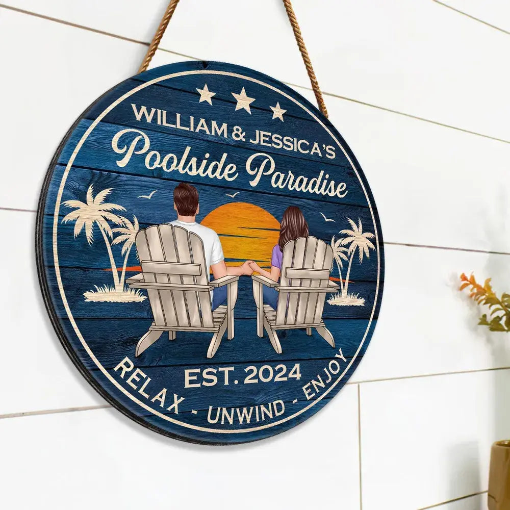 Poolside Paradise Couple Sitting Personalized Wood Sign, Summer Decor, Perfect for Bar, Pool Deck, Beach House, Backyard Walls Wood Sign The Next Custom Gift