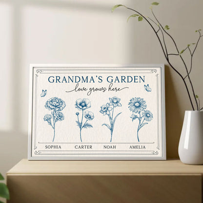 Grandma's Garden Retro Birthmonth Flower Personalized Poster, Grandkids Names Floral Gift