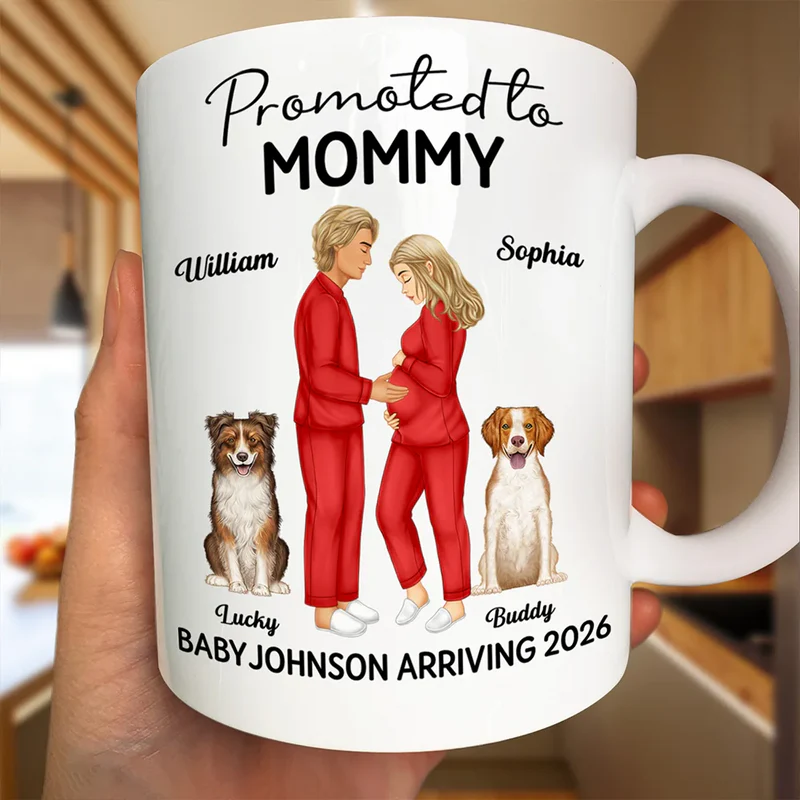 Promoted To Mommy & Daddy Baby Arriving - Personalized White Edge-to-Edge Mug