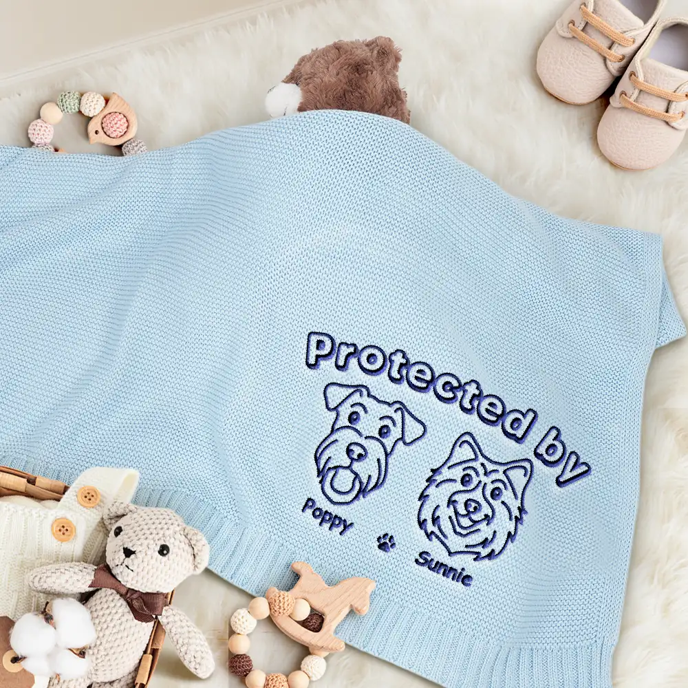 Protected By Dogs - Personalized Embroidered Knitted Baby Blanket
