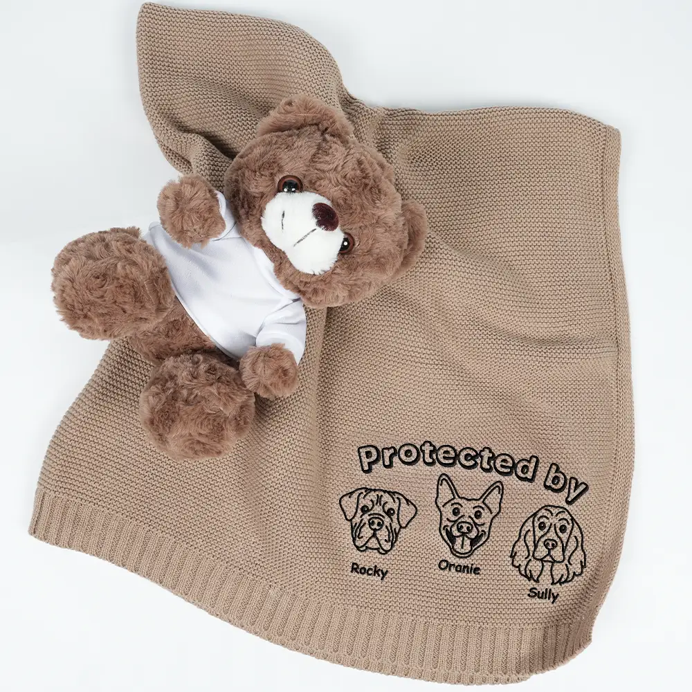 Protected By Dogs - Personalized Embroidered Knitted Baby Blanket