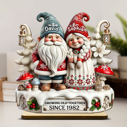 3D Effect Gnome Couple Together Personalized Standing Wooden Plaque, Heartfelt Gift For Couple, For Him, For Her, Husband, Wife