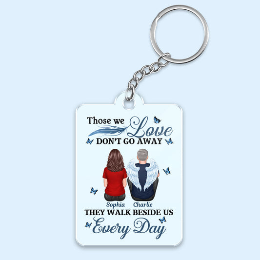 Those We Love Don‘t Go Away Blue Feather Family Memorial Remembrance Keepsake Personalized Acrylic Keychain