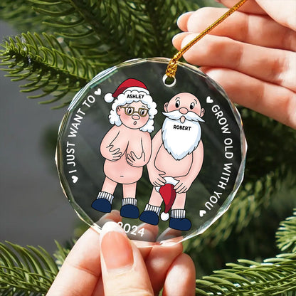 Funny Old Couple Personalized Circle Glass Ornament Christmas Gift for Him for Her