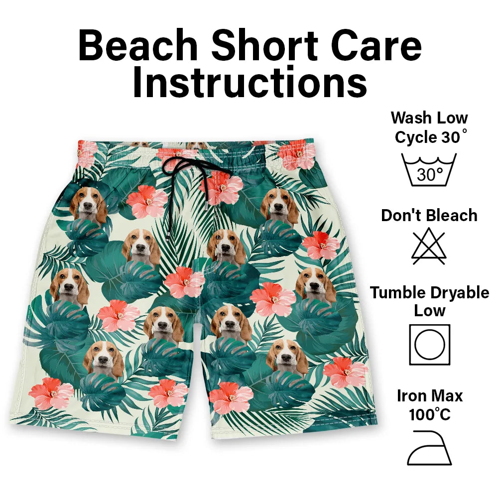 Custom Photo Tropical Leaves Funny Family Pet Face - Personalized Unisex Beach Shorts