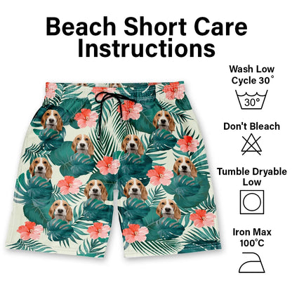 Custom Photo Tropical Leaves Funny Family Pet Face - Personalized Unisex Beach Shorts